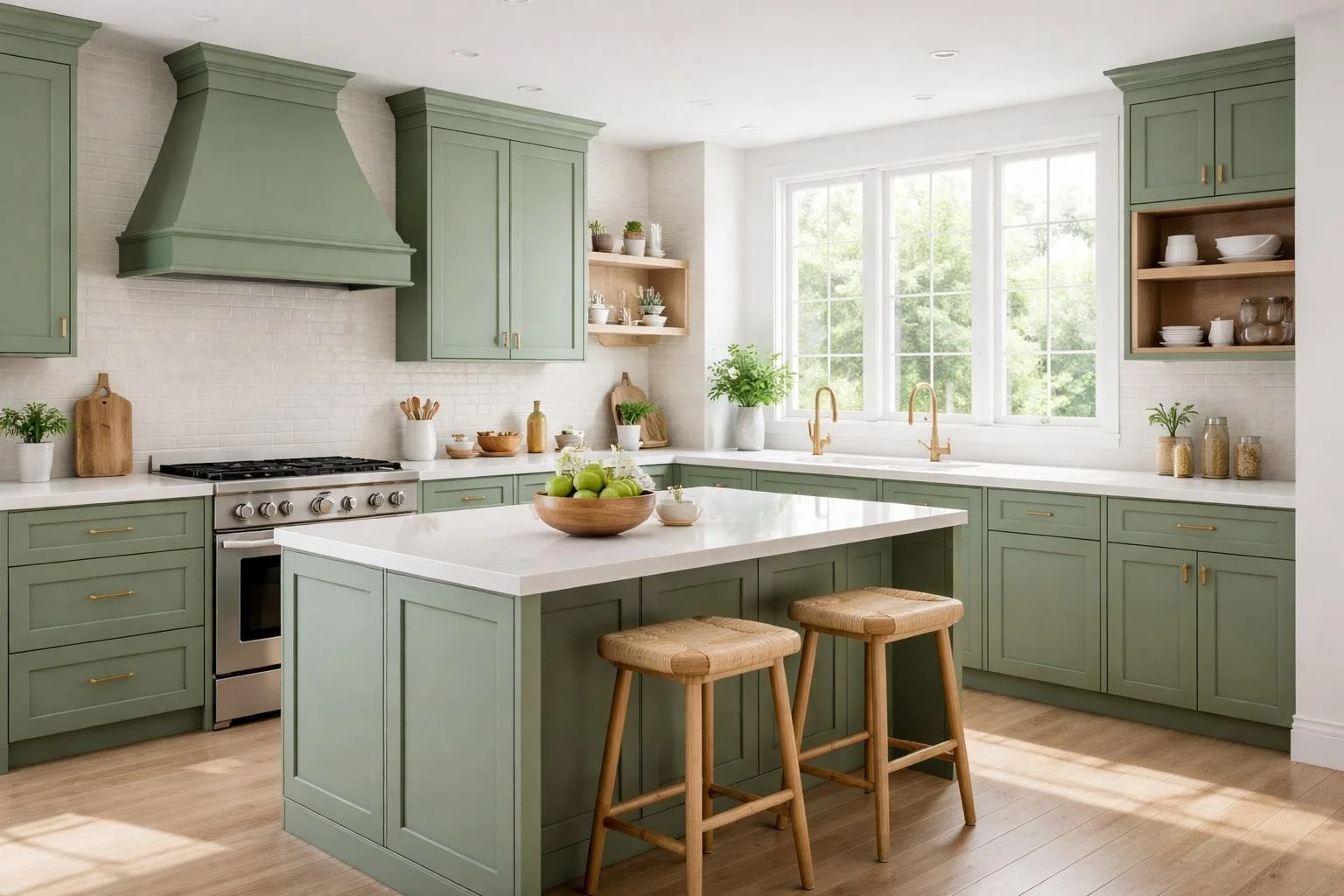 Freshly painted green kitchen cabinets in a bright modern kitchen