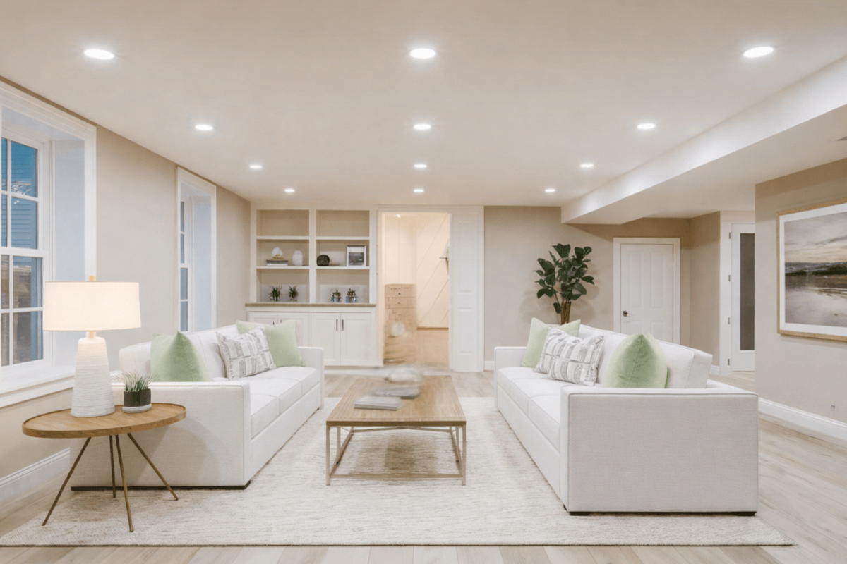 Painter rolling sage green paint onto a living room wall